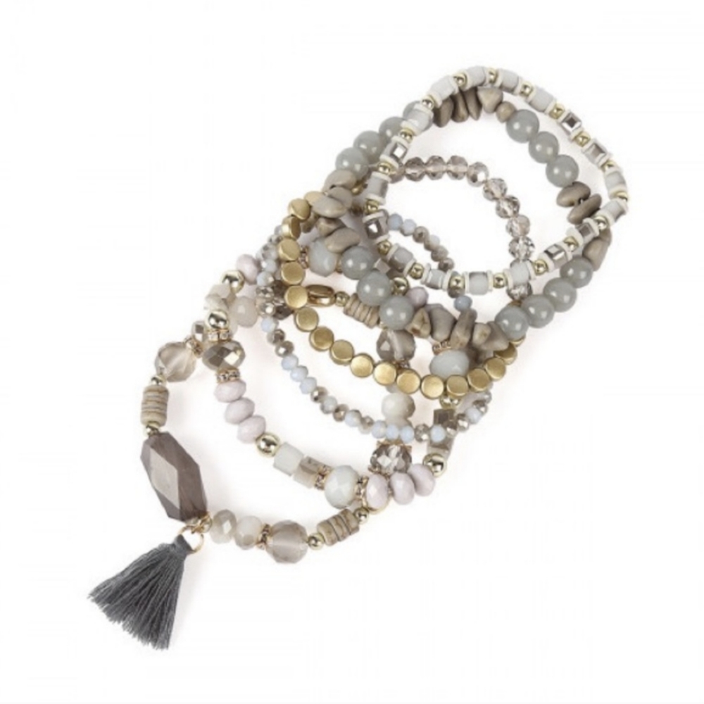 LAST TWO! Beautiful Boho Style Gray & Gold Neutral Toned Stacking Bracelets - Picture 2 of 4